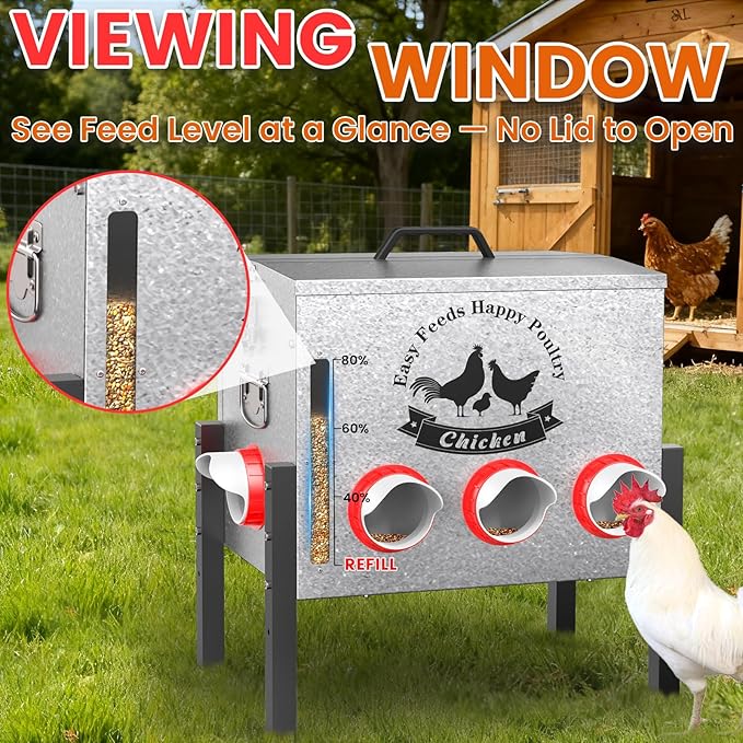10gal 55LB Large Automatic Chicken Feeder with Window - 8 Port No Waste Design, Rust-Proof Alloy Steel with Locking Lid & Adjustable Legs, Waterproof Silo for Hens, Ducks, Geese, Poultry