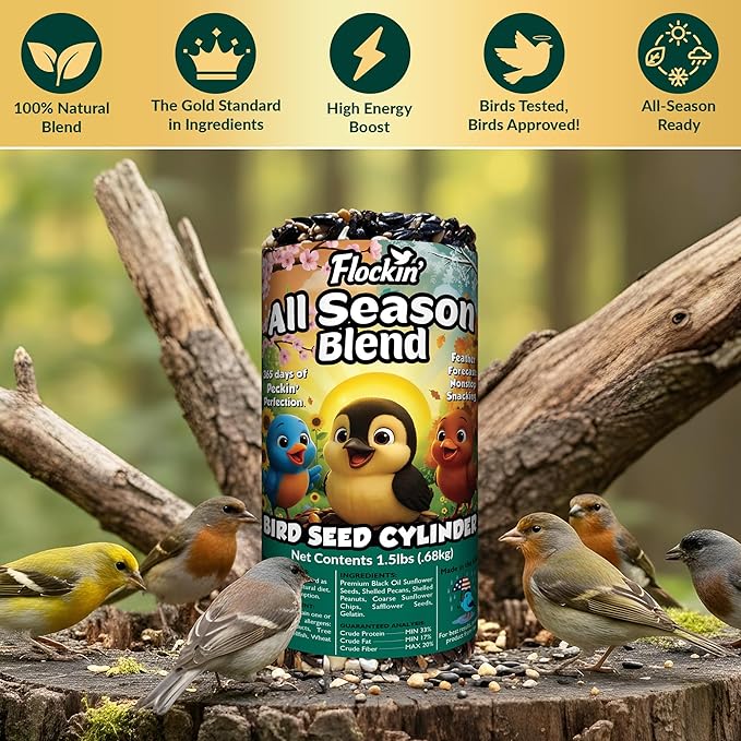 All Year Round Bird Seed Cylinders with Hole – All Season Wild Bird Food for Blue Jays, Cardinals, Doves, Finches & More – High Energy All Natural Blend, No Fillers – USA Made (4" x 7.75") 2 Pack