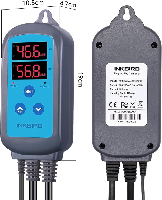 Humidity Controller IHC200 Inkbird Humidistat Mushroom Greenhouse Pre Wired Outlet Dual Stage Humidifier Dehumidifier.