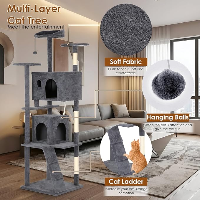 PayLessHere Cat Tree 81in Cat Tower with Cat Scratching Post,Multi-Level Cat Condo Stand House Furniture Kitty Activity Center with Furry Ball Toys Cat Tree for Indoor Cats,Dark Gray