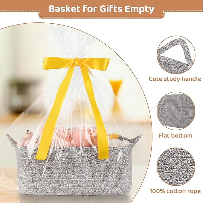 OIASKET Large Empty Gift Baskets for Baby Shower, 16.5" L x 12.6" W x 7" H Cute Woven Storage Basket with Gift Bags and Ribbons, Small Rope Toy Basket with Handles, Cat Dog Pet Toy Organizer - Grey