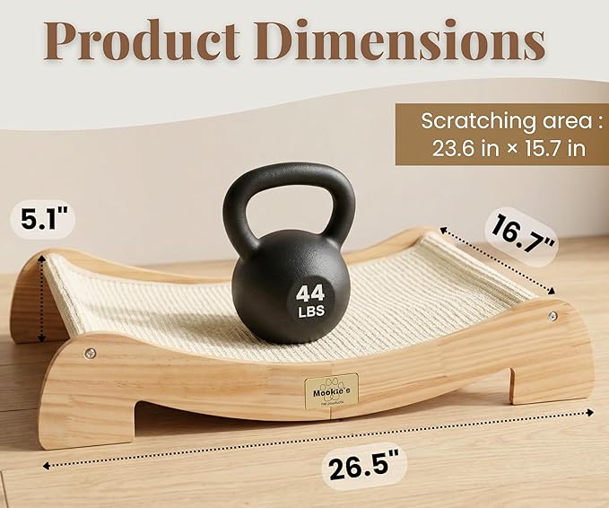 Mookie’s Extra Wide Cat Scratcher Bed, 26.5” x 16.7” – Stable Wooden Cat Scratcher Lounge with Natural Sisal, Solid Wood Horizontal Scratching Bed for Large Indoor Cats | Furniture for Cats