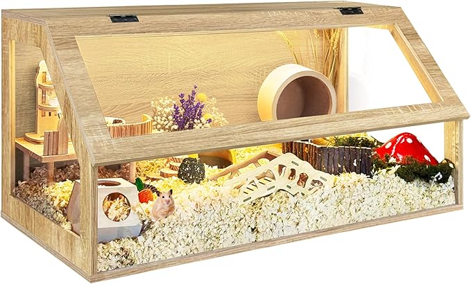 PROLEE Hamster Cage Chewproof, 40" x 20" x 20" Sloped Mice and Rat Habitat with Clear View, Solid Built with Lockable Design and Openable Top (White Oak)