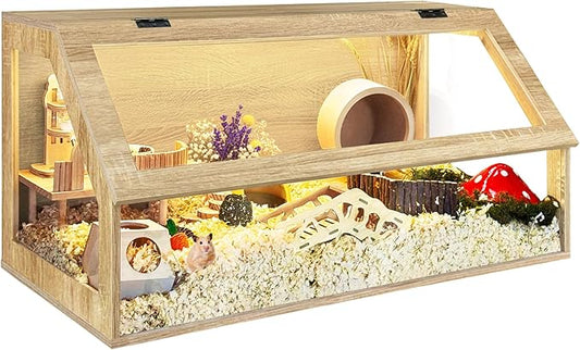 PROLEE Hamster Cage Chewproof, 40" x 20" x 20" Sloped Mice and Rat Habitat with Clear View, Solid Built with Lockable Design and Openable Top (White Oak)