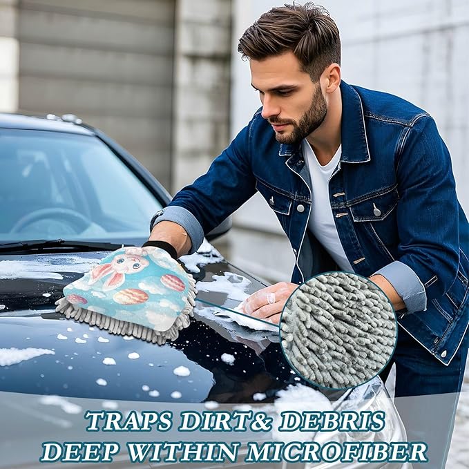 Car Wash Mitt Microfiber Wash Mitts for Car Washing Scratch-Free Cleaning Gloves Soft Non Absorbent Chenille Auto Hand Mitt Large 2Pack Blue Cartoon Rabbit and Easter Egg