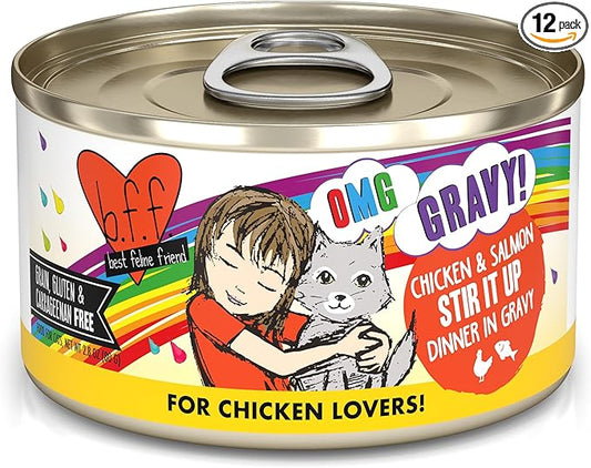 Weruva B.F.F. OMG - Best Feline Friend Oh My Gravy!, Chicken & Salmon Stir It Up with Chicken & Salmon in Gravy, 2.8oz Can (Pack of 12)