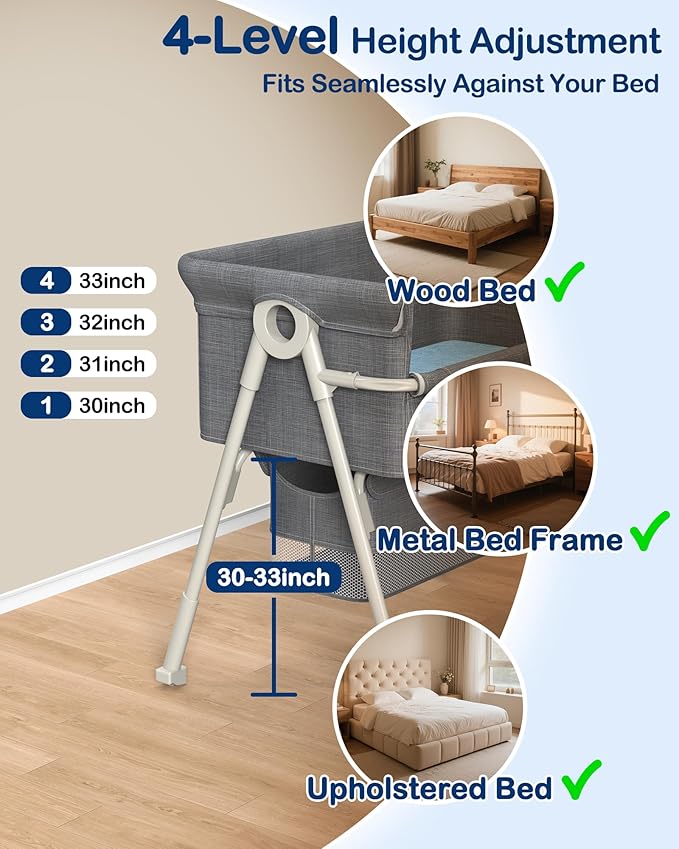 Bedside Dog Bed for Medium & Large Dogs, 4-Height Adjustable Pet Bassinet, Elevated Side-Sleeper Extension for High Human Bed, Washable Large Dog Couch with Auto-Braking Wheels(for Dogs Up to 77 lbs)