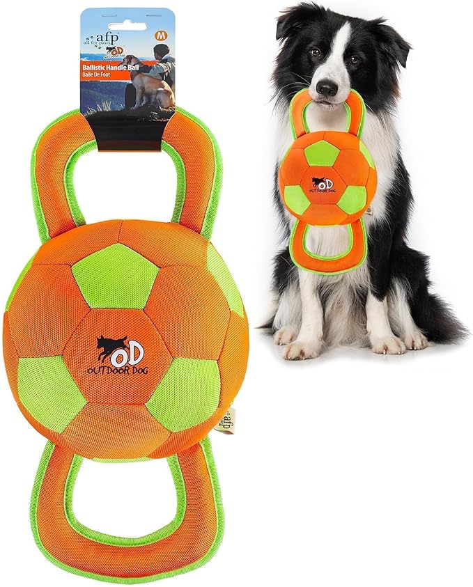 ALL FOR PAWS Dog Ball with Handles, Dog Toy with Squeaker, Interactive Tug of War Ball Toy for Medium and Large Dogs, Outdoor Ball Toys for Fetch & Tug Play, 15.7 x 7.9 x 7.9 Inch