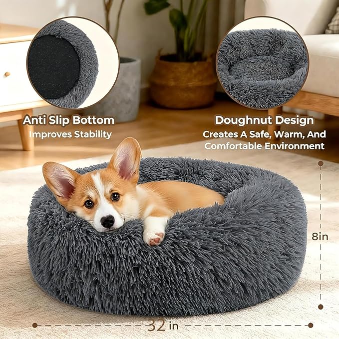 Calming Extra Large Donut Dog Bed, Anti-Anxiety Round Soft Fluffy Plush Faux Fur Washable Anti-Slip Pet Bed for Medium Dogs Up to 45 lbs 32in Darkgray