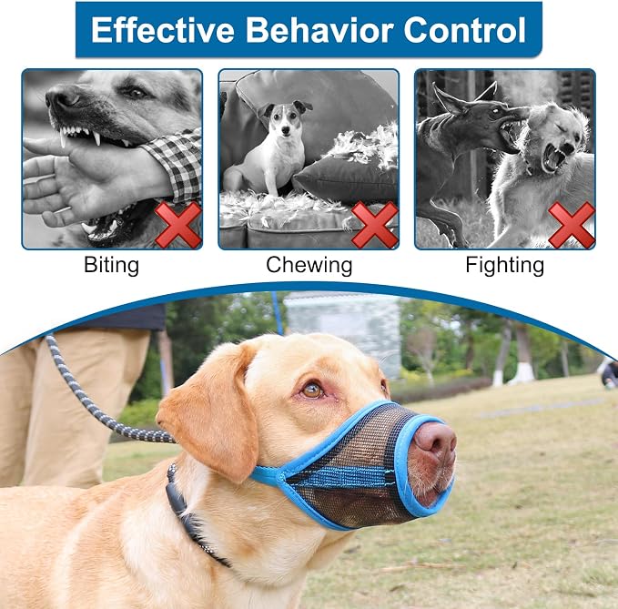 LUCKYPAW Dog Muzzle, Mesh Muzzle for Small Medium Dogs, Soft Mouth Cover to Prevent Biting Chewing, Drinkable Breathable Adjustable Puppy Mouth Guard(XS, Blue)