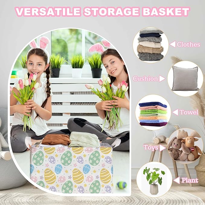 Eggs Rabbit Easter Basket, Colorful Eggs Baby Gift Basket, Empty Toy Nursery Bin, Large Square Canvas Laundry Hamper With a Waterproof PE Coating, Foldable Girls Toy Clothes Bins for Bedroom