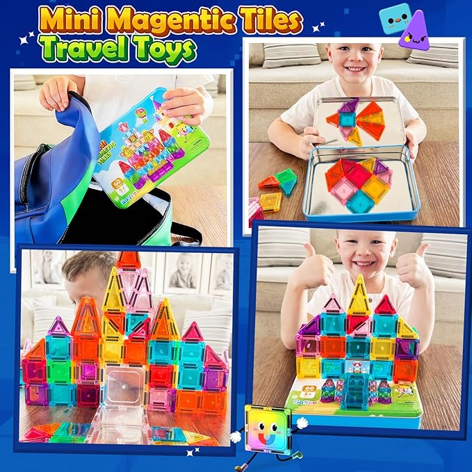 Soyee Mini Travel Magnetic Tiles 60PCS with Metal Tin Case Toddler Kids Toys Travel Essentials, Toddler Travel Toys Portable STEM Building Blocks Compatibility with Regular Size Magnetic Tiles