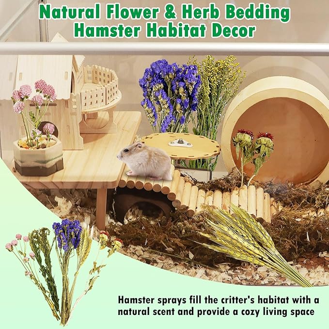 PINVNBY Natural Flower & Herb Hamster Bedding Habitat Decor Grain Guinea Pig Bedding Hamster Sprays Hamster Cage Accessories for Guinea Pig Dwarf Syrian Gerbils Mice Mouse Rat (Flower & Grain Version)