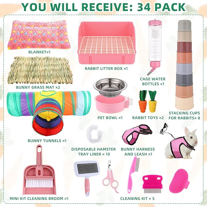 34 Pcs Rabbit Starter Kit Rabbit Litter Box Small Animal Water Bottle Cups Bunny Tunnels Animal Grooming Kit Bowl Blanket with Cleaning Set for Guinea Pig Bunny Accessories(Style 1,Pink)