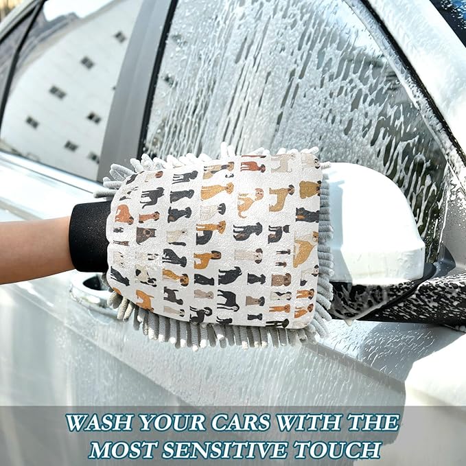 Car Wash Mitt Microfiber Wash Mitts for Car Washing Scratch-Free Cleaning Gloves Soft Non Absorbent Chenille Auto Hand Mitt Medium 2Pack White Cute Dogs