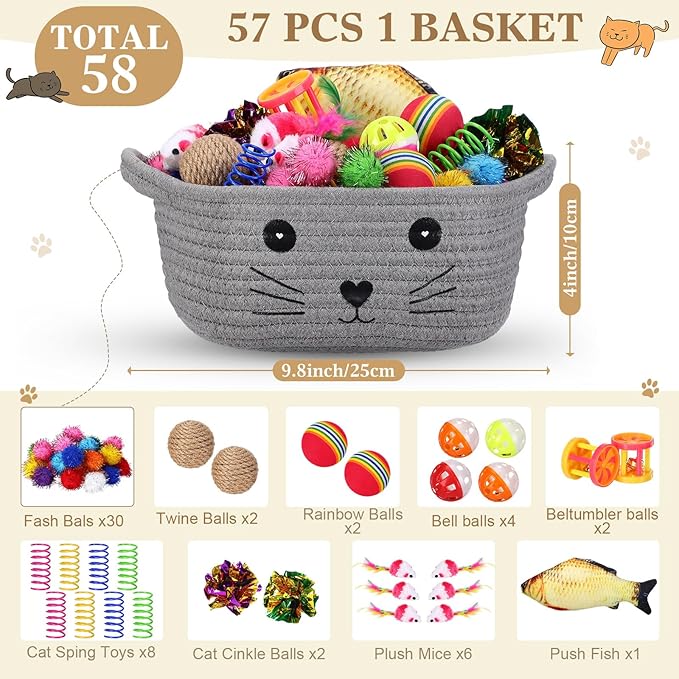 Zopeal 58 Pcs Mother’s Day Cat Storage Basket Gift Toys Set, Colorful Flashing Balls Pet Bell Crinkle Balls Spring Toys Attract Cat to Swat, Hunt, Interactive for Pet(Grey,9.8 Inch)