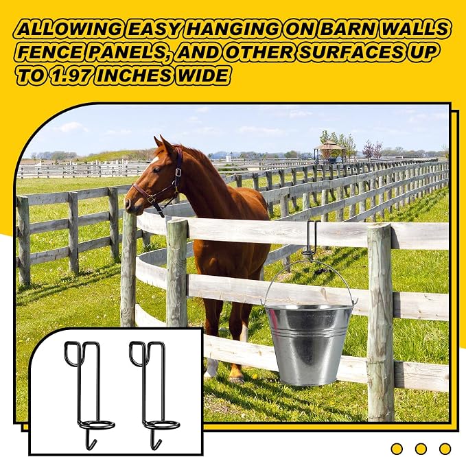 Hicarer 2 Pack Horse Feed Bucket Hooks Tack Hook for Horses Metal Equestrian Water Bucket Holder Hanger Removable No Drill Stall/Stable Feed Barn Farmhouse Supplies Livestock Accessories (Black)