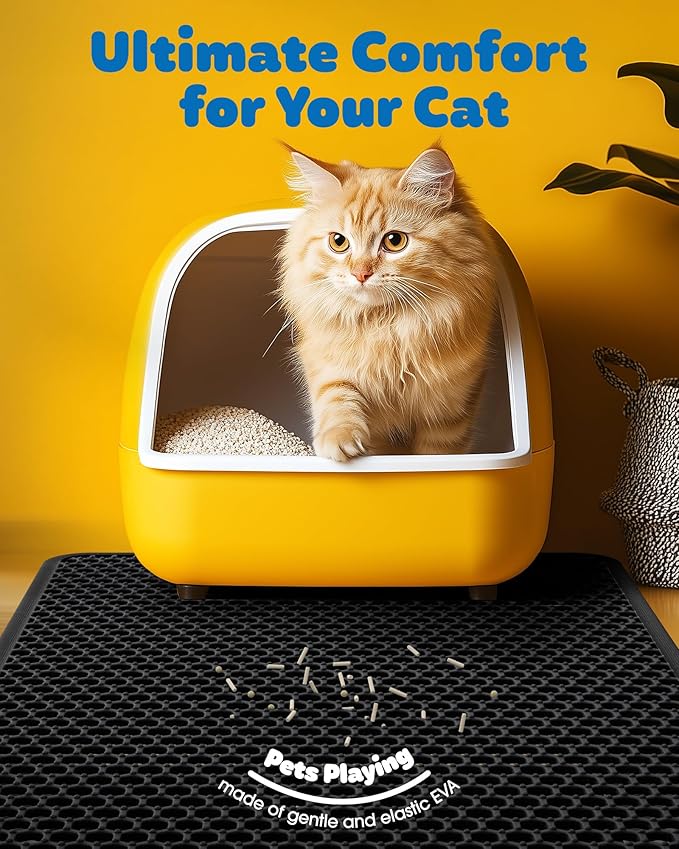 Powools 35" x 30" Cat Litter Mat - Ultra-Large Litter Box Mat with Double Layers, Urine-Proof and Non-Slip Litter Trapping Mat, Easy to Clean Kitty Litter Mats for Floor, Scatter Control, Black