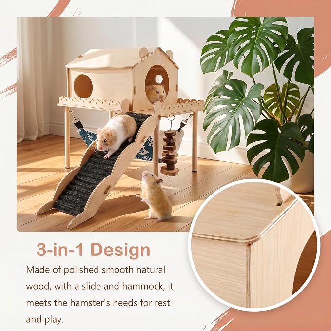 Guinea Pig Hideout Wooden Guinea Pig Castle with Stair, Hammock and House Detachable Double-Decker Guinea Pigs House for Guinea Pigs Hamsters Rabbit Chinchilla Small Animal Hiding Sleeping Activities