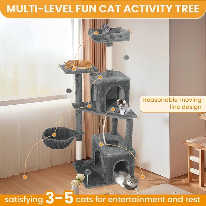 54-Inch Cat Tree Tower with 2 Caves & 2 Pompoms - Multi-Level Tower for Indoor Cats, Soft Plush Condo with Scratching Posts - Sturdy Base for Large Cats(Gray)