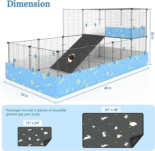 Guinea Pig Cages with Tarp and Bedding Pee Pad Liner, 2-Story Large Guinea Pig Playpen C&C Loft Cage for 2 Rabbit Bunny Chinchilla Small Animal Habitat for Indoor