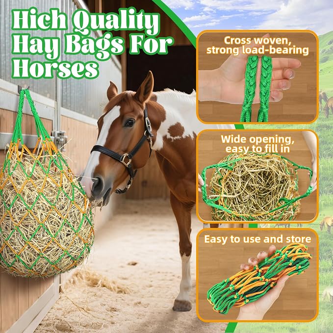 YedsIntu 3 Pcs Hay Bags for Horses, Hay Nets for Horses Goat Sheep,Goat Hay Feeder for Slower Feeding,Strong Load-Bearing Hay Bag Hanging for Horse Stable Trailer (Green)
