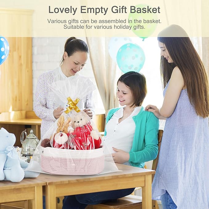 Small Woven Basket with Gift Bags and Ribbons, Empty Baby Gift Baskets, Shelf Storage, Small Cat Dog Pet Toy Boxes, 13”x 9”x 5.5”, Light Pink