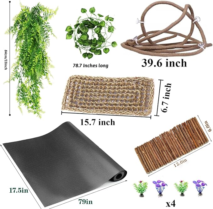 Bearded Dragon Tank Accessories, Reptile Mat Hammock Plants Bridge Jungle Climber Vines Terrarium Decorations for Leopard Gecko Hermit Crab Lizard Snake (10 PCS with Reptile Mat)