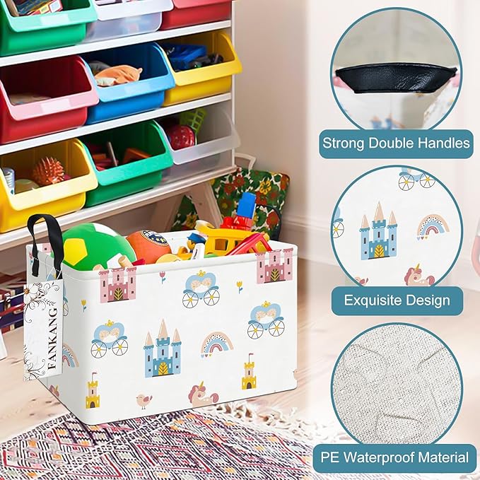 Storage Bins, Nursery Hamper Canvas Laundry Basket Foldable with Waterproof PE Coating Large Storage Baskets for Kids Boys and Girls, Office, Bedroom, Clothes,Toys(Rec-castle carriage ）