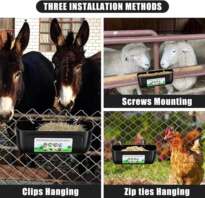 Chicken Feeder Waterer, 10 Pack Duck Feeder Supplies, Hanging Fence Feed Trough with Clips for Goat, Sheeple, Piglet, Gooses, Turkeys, Dog Livestock Poultry, Black