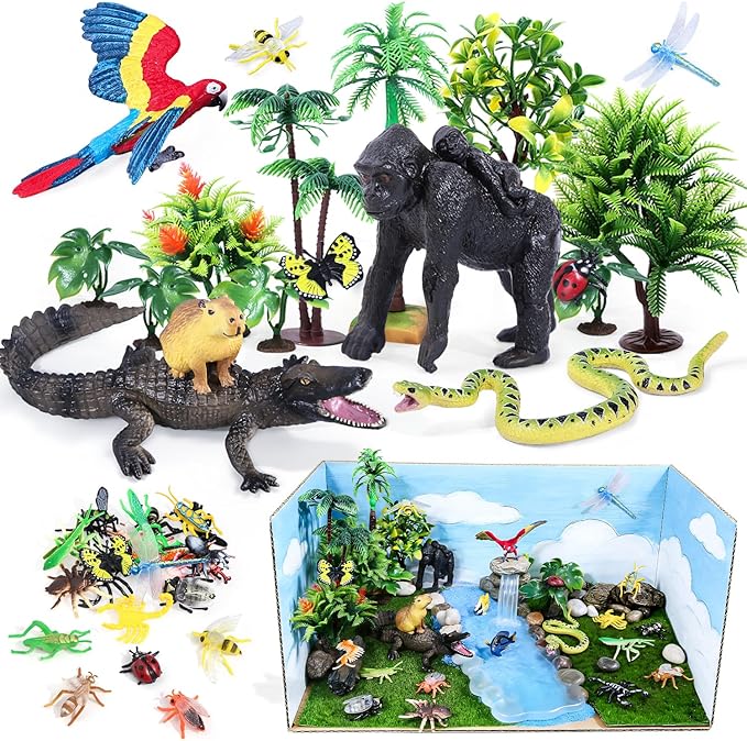 SIENON 39Pcs Realistic Rainforest Animal Figurines Set Rainforest Diorama Supplies with Gorilla Parrot Crocodile Capybara Jungle Animals Model Tree Playset for Kids School Project Birthday Decoration