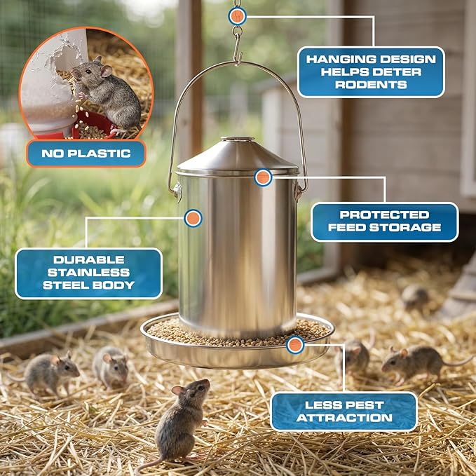 Plexon 6.6 Lb Hanging Chicken Feeder No Waste – Stainless Steel Poultry Feeder with Handle, Heavy Duty Metal Feeder for Chickens Ducks Turkeys, Backyard Coop
