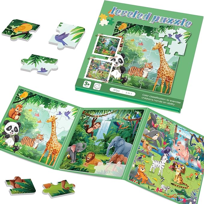 Magnetic Puzzles for Toddlers 3-5, 75-Pieces Travel Toys, Animal Jungle Puzzles Ages 4-6, Educational Learning Magnets, Road Car Trip & Airplane Activities Toys for 3 4 5 6 7 Girls Boys Gift