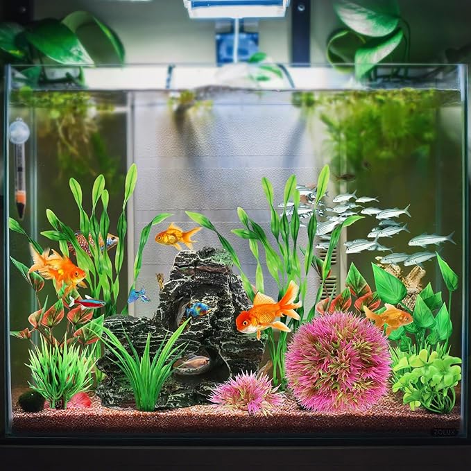 QUOZUO Fish Tank Accessories Aquarium Plants, 10pcs Colorful Fish Bowl Ornaments Plants and Rock Cave Decor Set, Aquarium Decor