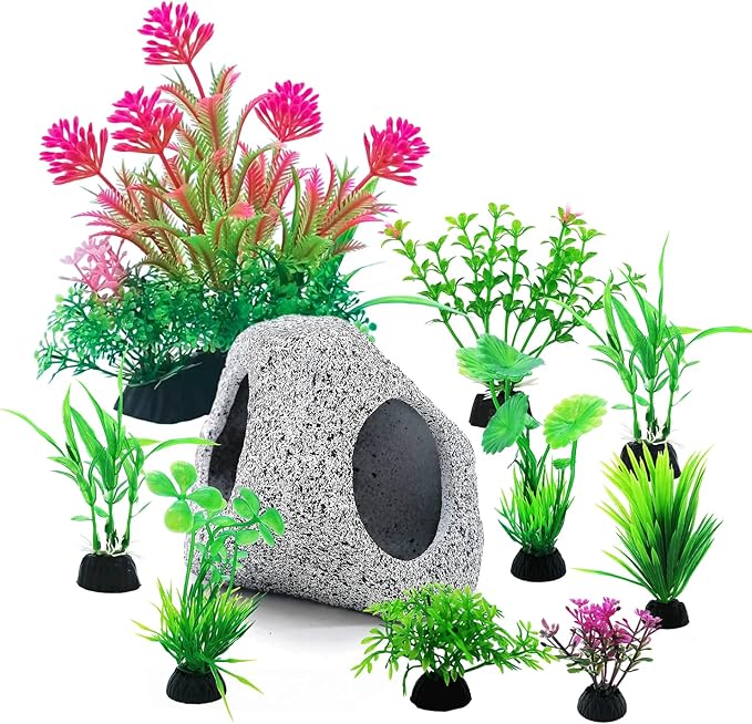 SLOCME 10 Pcs Aquarium Rock Cave & Plants Set – Colorful Plastic Aquarium Plants Fish Tank Decorations, Ceramic Betta Fish Hideout Breeding Shelter
