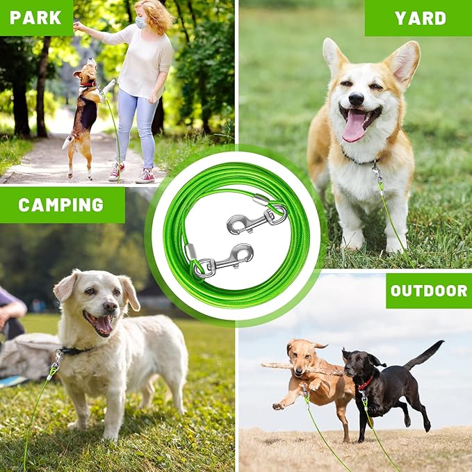 Dog Tie Out Cable 10/15/20/25/30 FT Dog Runner for Yard Steel Wire Dog Cable with Durable Superior Clips Green Dog Chains for Outside Dog Lead for Large Dogs Up to 167 lbs