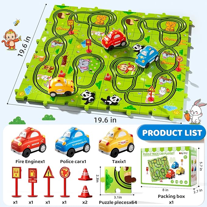 Beby Buty 64PCS Puzzle Race Track Car Set for Kids Boys, Floor Puzzle Tracks Car Toys for Boys Girls Ages 3-5 4-6, Toddler Toys Gifts for 3 4 5 Year Old, Ideal 3 4 5 6 Year Old Birthday Gifts