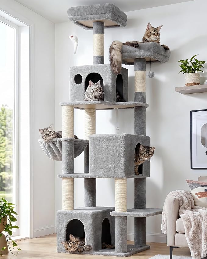 Globlazer Cat Tree Tall, 71 inches Cat Tower for Indoor Adult Cats Multi-Level 3 Condos for Indoor Cats XL Cat Tree Tower with Scratching Posts, Soft Extra Large Hanging Basket, F71, Light Gray