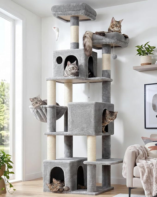 Globlazer Cat Tree Tall, 71 inches Cat Tower for Indoor Adult Cats Multi-Level 3 Condos for Indoor Cats XL Cat Tree Tower with Scratching Posts, Soft Extra Large Hanging Basket, F71, Light Gray