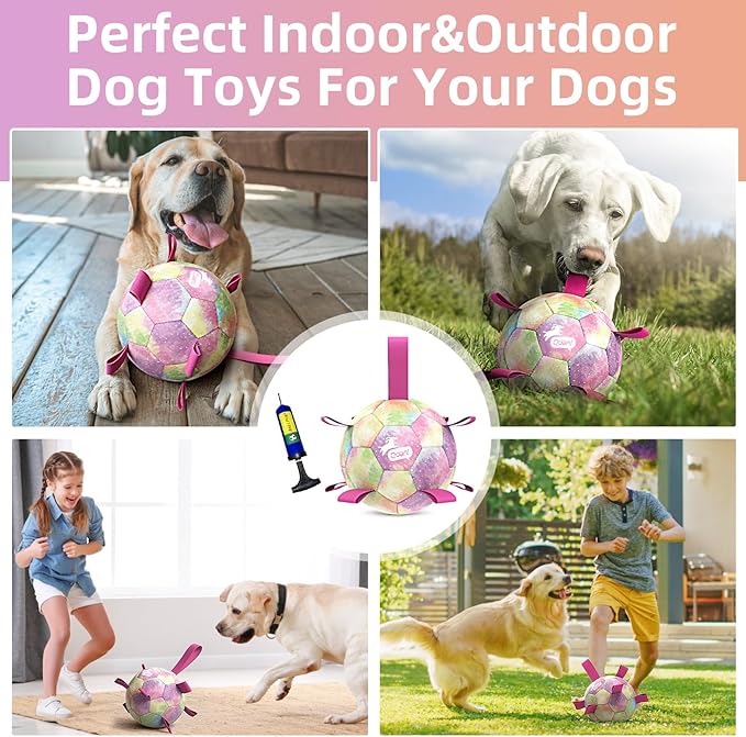 QDAN Extra Large Dog Toys Soccer Ball for Extra Large Dogs - Durable Dog Ball for Beach Pool Water Toy, Interactive Tug of War, Puppy Birthday Gifts, Rainbow (9 Inch)