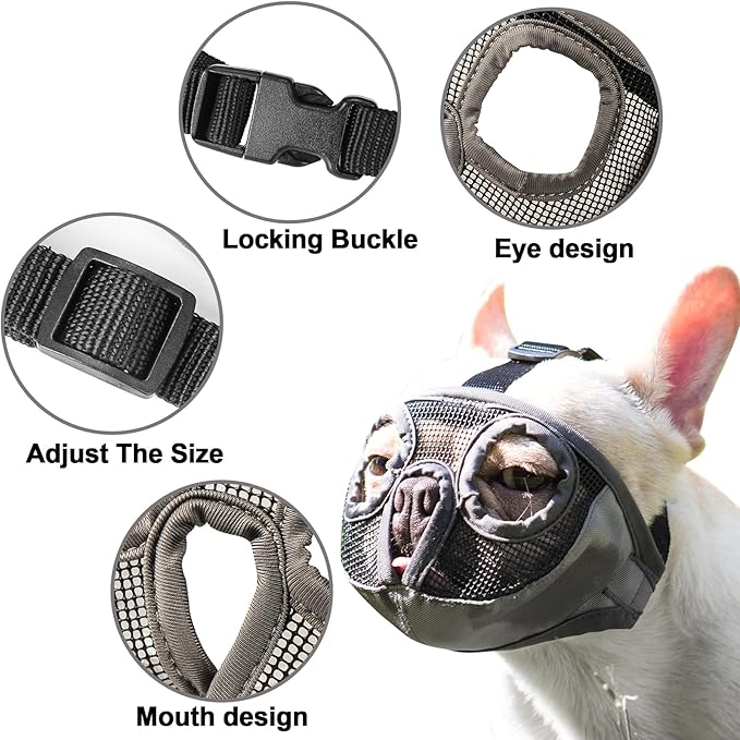 Short Snout Dog Muzzles- Adjustable Breathable Mesh Bulldog Muzzle for Biting Chewing Licking Training Grooming Dog Mask (Grey(Eyehole), Large/15-25")