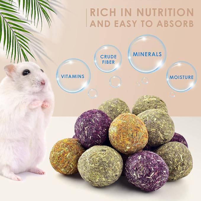 Bissap Bunny Chew Toys 15PCS, 100% Natural Flowers Flavored Timothy Hay Balls Rabbit Chew Treats for Hamster Guinea Pigs Rats Chinchillas Gerbils and Other Small Animals Teeth Care
