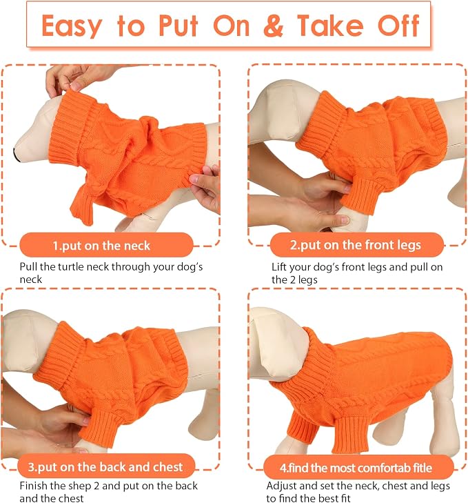 Queenmore Small Dog Pullover Sweater, Cold Weather Cable Knitwear, Classic Turtleneck Thick Warm Clothes for Chihuahua, Bulldog, Dachshund, Pug (Orange, Large)