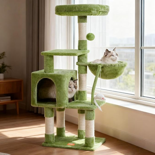 Heybly Cat Tree with Toy, 43.3 inch Cat Tower condo for Indoor Cats, Cat House with Padded Plush Perch, Cozy Hammock and Sisal Scratching Posts, Green HCT004SGR