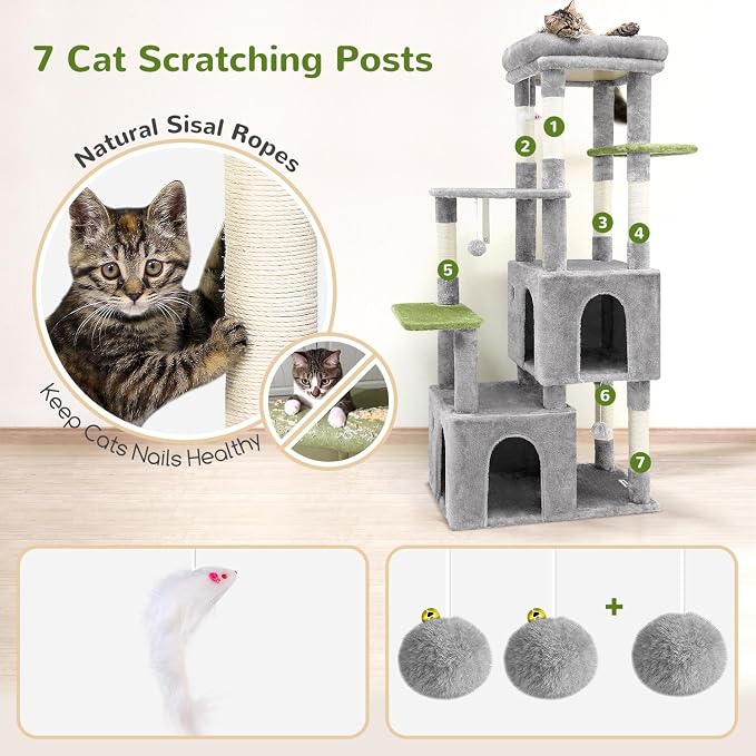 Globlazer Cat Tower for Indoor Cats, Heavy Duty Cat Trees for Large Cats Adult Big Cats Maine Coon Cat Tree Tower with Scratching Post, Extra Large Top Perch, Cat Condos, F61, Light Grey, 61inch