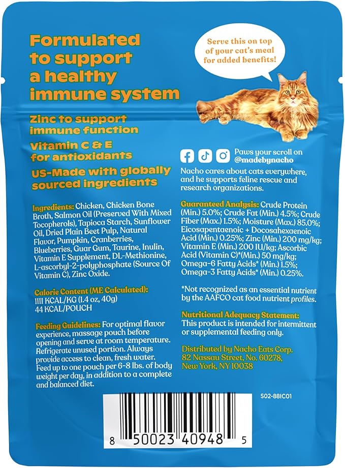 Made by Nacho Immune Support Cage-Free Chicken Puree, Meal Topper for Cat Food with Bone Broth, Add Immune System Support to Pet Kibble, Limited Ingredients, 1.4 oz. Each, 18 Count