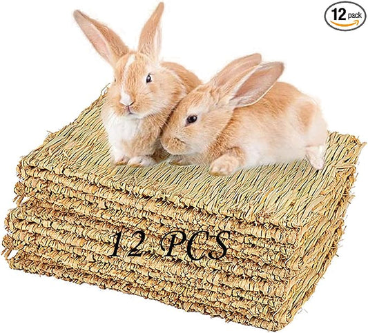 PINVNBY Hay Mats for Rabbits,12 Pack Natural Rabbit Grass Mat,Small Animal Woven Bed Resting Sleeping,Chewing,Nesting and Toys Cage Grass Matts for Bunny Guinea Pig Hamster Hedgehog Squirrel