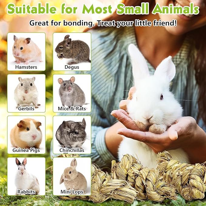 Tfwadmx 3 Pcs Rabbit Chew Toys for Teeth, Small Animal Molar Toys Treats Bunny Natural Grass Chew Toys Snacks Knot for Bunnies Guinea Pigs Hamsters Chinchillas