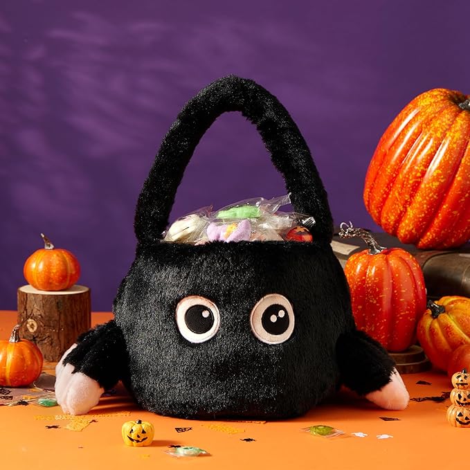 Halloween Plush Treat Basket, Halloween Candy Basket, Trick-or-Treat Bag,(Pink Black Spider)
