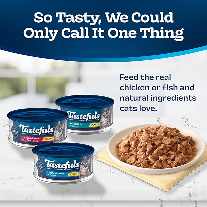 Blue Buffalo Tastefuls Natural Flaked Wet Cat Food Variety Pack, Tuna, Chicken and Fish & Shrimp Entrées in Gravy 5.5-oz Cans (12 Count - 4 of Each)